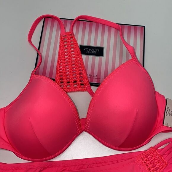 🔥🏖VICTORIA SECRET  swimsuit The Fabulous/The strappy cheeky Hot pink  New - Picture 3 of 7